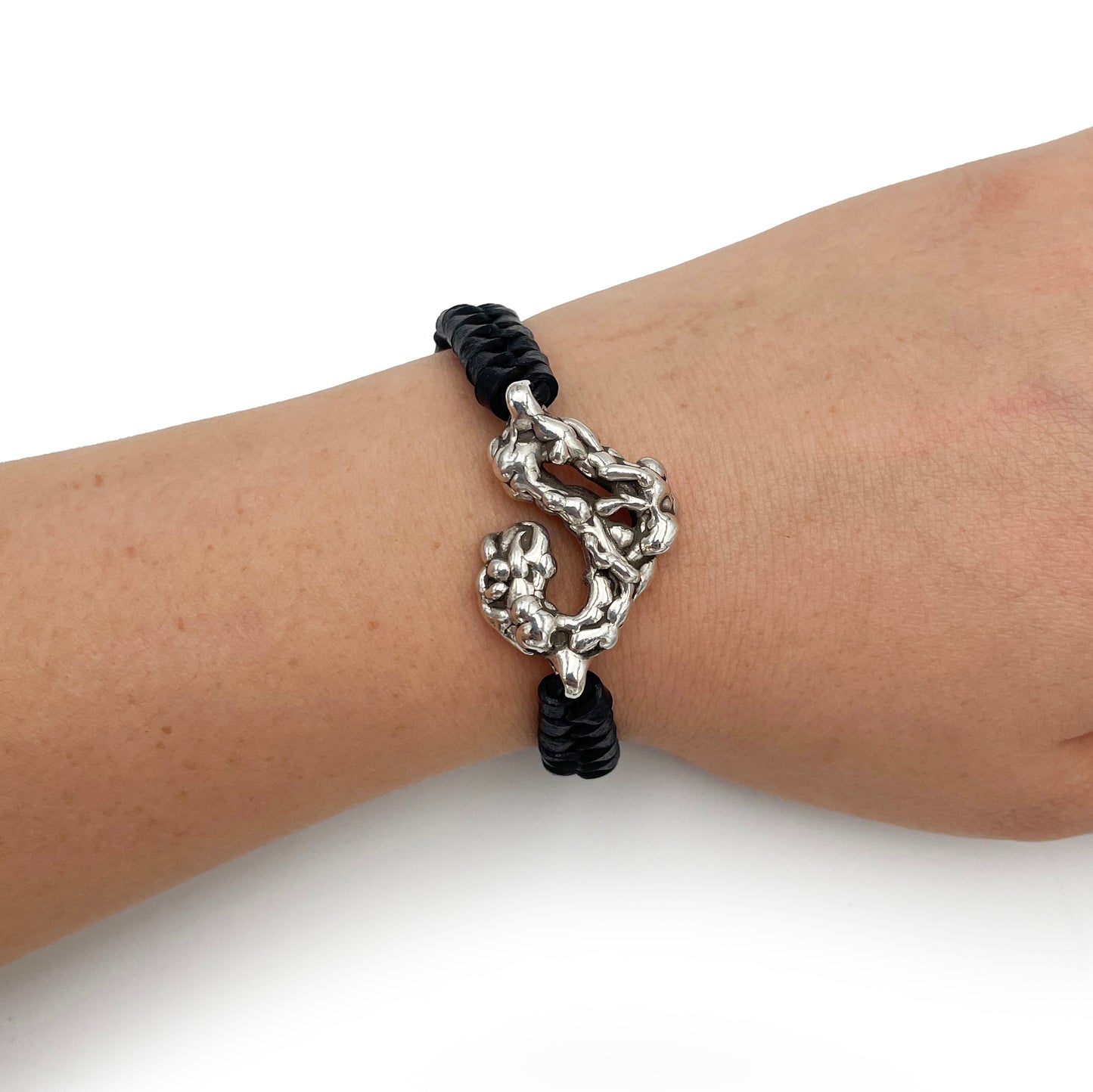 Sterling Silver Bracelet with Weaved Leather Band - Bracelet on the Hand - Genuine Leather Cord - Aladdin Bracelet