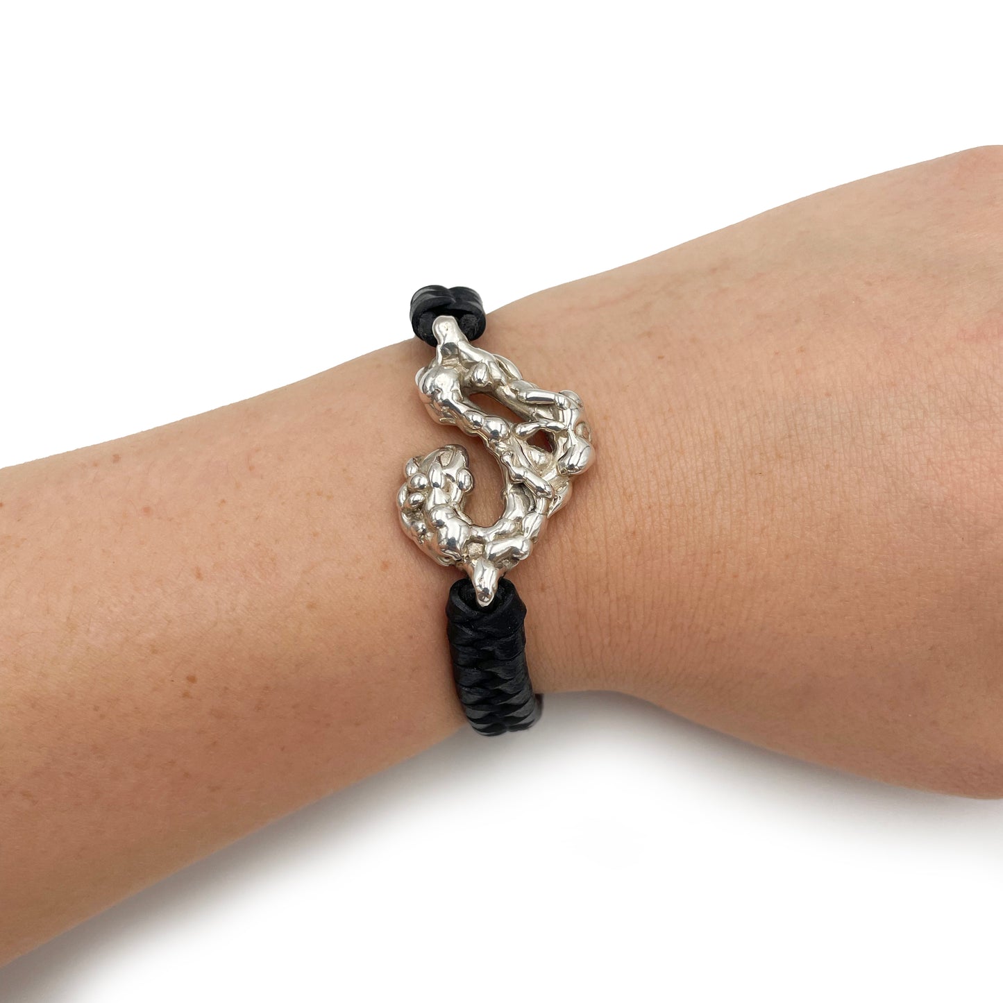 Sterling Silver Bracelet with Weaved Leather Band - Bracelet on the Hand - Aladdin Bracelet - Genuine Leather Cord - Cloud Bracelet