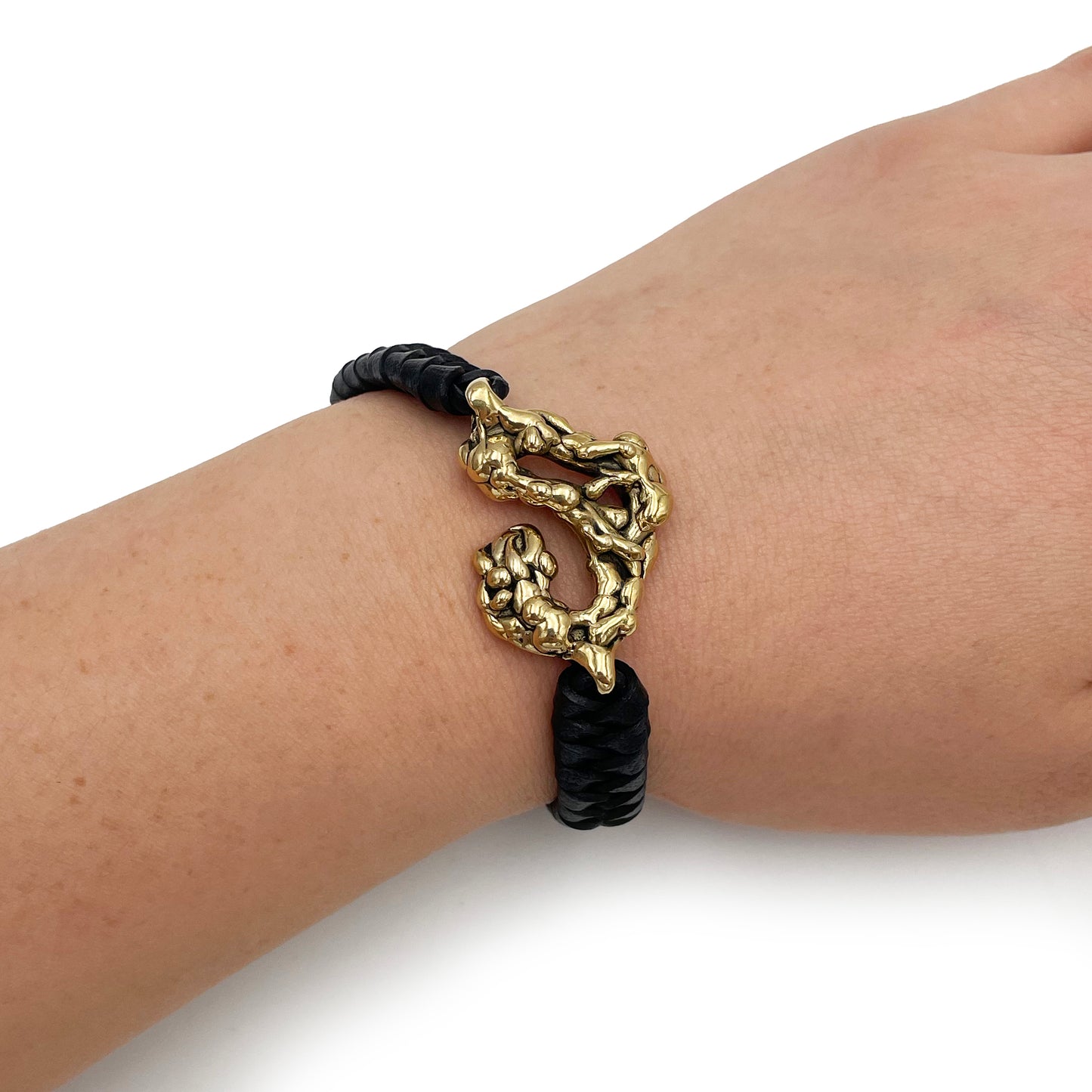 Brass Bracelet with Weaved Leather Band - Bracelet on the Hand - Aladdin Bracelet - Genuine Leather Cord - Cloud Bracelet - Aged Brass Bracelet